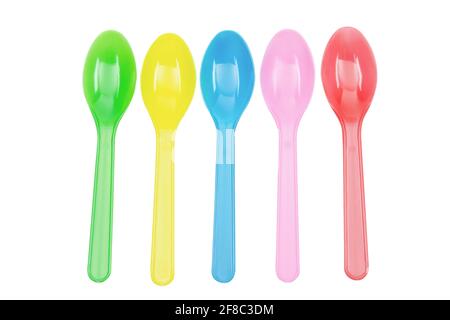 Colorful plastic spoons collection for party isolated on white Stock Photo