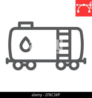 Oil railway tank line icon, oil train and fuel carriage, oil tank vector icon, vector graphics, editable stroke outline sign, eps 10. Stock Vector