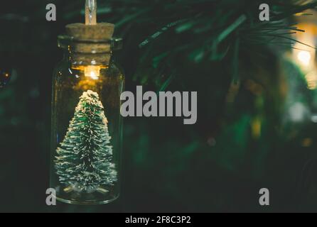Christmas decoration. Hanging small Christmas tree in glass jar on pine branches Christmas tree garland and ornaments over abstract bokeh Stock Photo