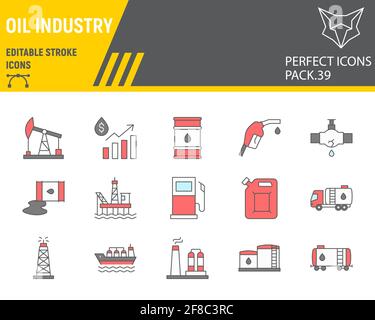 Oil industry color line icon set, fuel production collection, vector graphics, logo illustrations, oil industry vector icons, petroleum signs, filled Stock Vector
