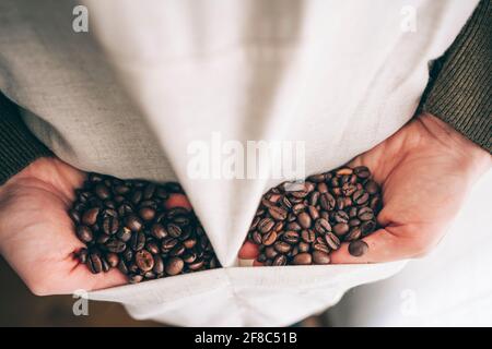 Two hands full of coffee beans sticking out of the pockets of a beige apron Stock Photo