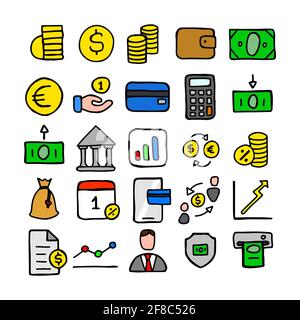Financial and banking icons concept hand drawn doodle isolated Stock Vector