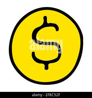 Coin with a dollar sign hand drawn doodle isolated Stock Vector