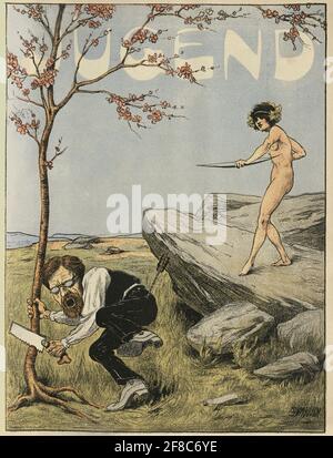 Cover of Jugend magazine, 1896, Jugendstil art, Young woman shooting a man with a bow Stock Photo