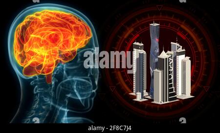 human brain affected by urban stress, cg industrial 3d illustration Stock Photo