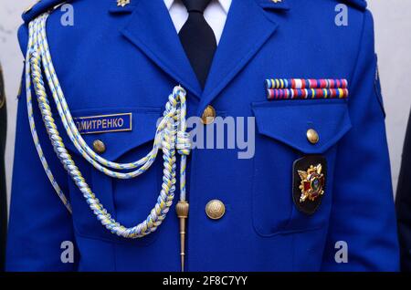 Upper part of Ukrainian police full dress: jacket, tie, chevron, epaulets, patch with name. October 7, 2018. Kiev Ukraine Stock Photo