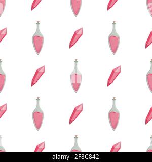 Witch seamless pattern with pink crystal and potion bottle Stock Vector