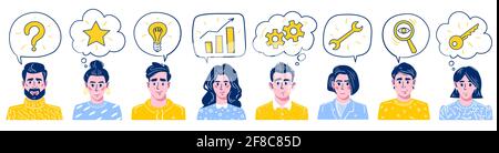 Smiling business figures with question mark, light bulb, gears, star, wrench, gears, wrench, magnifying glass, growth graph. Teamwork concepts, vector illustration. Speech Bubbles people avatars. Stock Vector