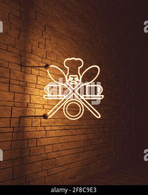 Spoon, cup and cook in hat restaurant icons. Emblem cafe and restaurant. 3D rendering. Neon bulb street sign illumination Stock Photo