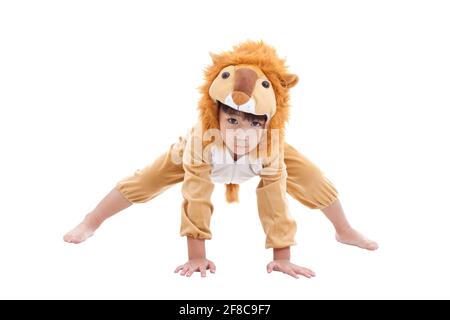 Little lovely asian boy costumed and acting like a lion, isolated on white background Stock Photo