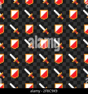 Game pixel icons, shield and sword, color vector seamless pattern background Stock Vector