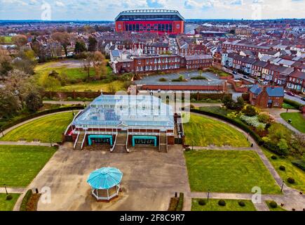 General Views Of Anfield Stadium with Gladstone Palm House, Stanley Park, Home of Liverpool FC..