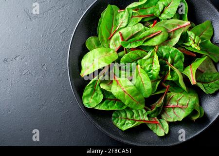 Fresh swiss chard leaves or mangold in black ceramic dish on dark concrete background. Concept for the preparation of healthy and vegetarian food, top Stock Photo
