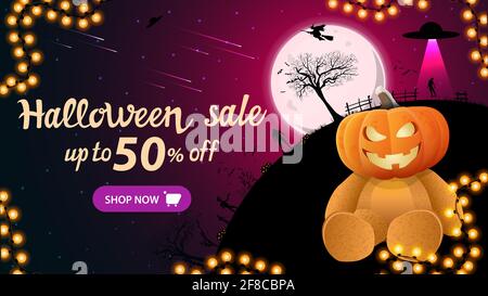 Halloween sale, up to 50 off, horizontal discount web banner with Teddy bear with Jack pumpkin head. Full moon with starry sky and silhouette of the p Stock Photo