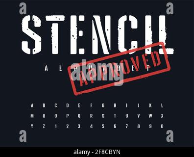 Rough stamp of stencil font. Grunge textured typeface. Stamp style uppercase letters and numbers. Plus vector stamp approved Stock Vector