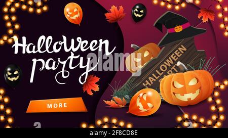 Halloween party, horizontal invitation poster with button, wooden sign, witch hat and pumpkin Jack Stock Photo