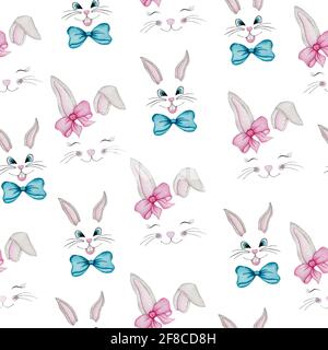 Cartoon bunny faces seamless pattern,  cute cartoon illustration template with rabbits, hand painted watercolor Easter pattern for wallpaper, wrapping Stock Photo
