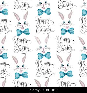 Easter repeat pattern with cute cartoon bunny faces and hand lettering happy Easter text, watercolor Easter illustration for fabric, wrapping Stock Photo
