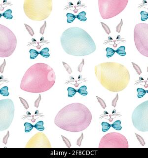 Easter seamless pattern with watercolor cute cartoon bunnies faces and multicolor Easter eggs, watercolor Easter illustration for fabric, wrapping Stock Photo