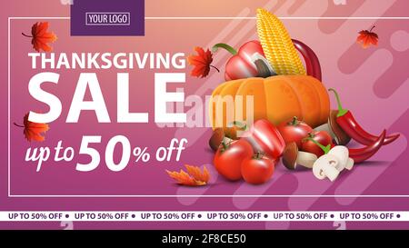 Thanksgiving sale, up to 50 off, horizontal pink web banner with autumn harvest. Stock Photo