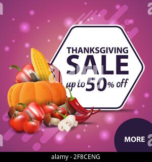 Thanksgiving sale, up to 50 off, square pink discount web banner for your website with autumn harvest Stock Photo