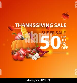 Thanksgiving sale, up to 50 off, modern orange creative 3D web banner with autumn harvest Stock Photo