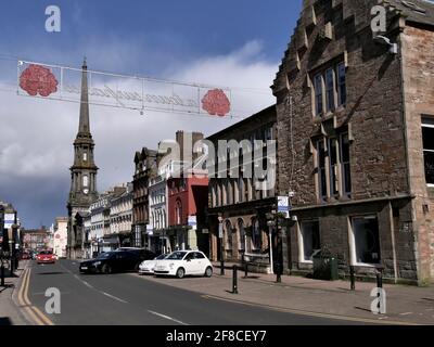 Ayr town hall spire dominates the Sandgate in the old town, Ayr,Scotland,UK Stock Photo