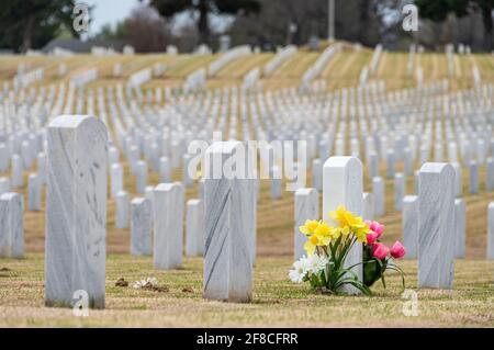 White tombstones at Fort Gibson National Cemetery in Fort Gibson, Oklahoma. (USA) Stock Photo