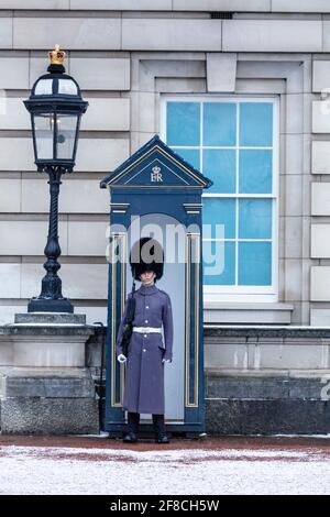 Europe, UK, England, London, a Scots Guard soldier of the Household Division, Foot Guards on duty guarding the Queen outside Buckingham Palace Stock Photo