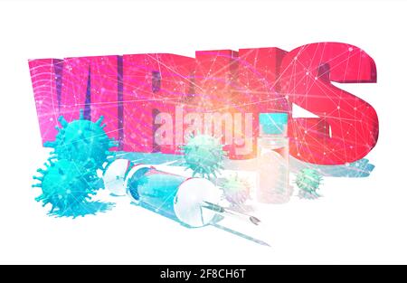 Abstract virus image on backdrop and text. Virus danger relative illustration. Medical research theme. Epidemic alert. 3D rendering. Stock Photo