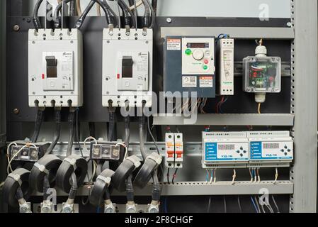 STARIY OSKOL, RUSSIA - MARCH 10, 2020: Electrical control panel for controlling equipment in the factory Stock Photo