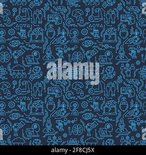 A seamless pattern of robotics icons, computers, androids and artificial intelligence in dark line style. Stock Vector