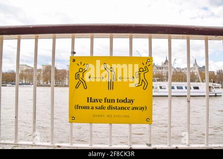 London, United Kingdom. 13th April 2021. New social distancing signs have been added outside the Southbank Centre as England eases its lockdown restrictions.
