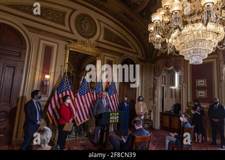 Washington, United States. 13th Apr, 2021. Senate Majority Leader Chuck Schumer (D-NY) speaks at press conference to stop the rash of Asian Hate Crimes at the U.S Capitol in Washington, DC on Tuesday, April 13 2021.The Covid-19 pandemic has brought on a rise in hate crimes to asian Americans throughout the US. Photo by Tasos Katopodis/UPI. Credit: UPI/Alamy Live News Stock Photo