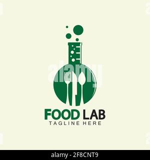 Food Lab logo vector icon illustration design template. lab logo.Lab test tube with spoon and fork. Stock Vector