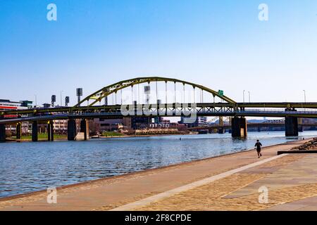 Bridge in the City of Bridges, Pittsburgh, Pennsylvania. In the background is PNC Park where the PNC Pirates play baseball games. Stock Photo