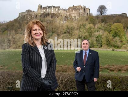 Stirling, Scotland, UK. 13th Apr, 2021. PICTURED: (L-R) Eva Comrie; Rt Hon Alex Salmond - Alba Part Leader. Alba Party Leader, Rt Hon Alex Salmond unveils his candidates for Mid Scotland and Fife region. Pic Credit: Colin Fisher/Alamy Live News Stock Photo