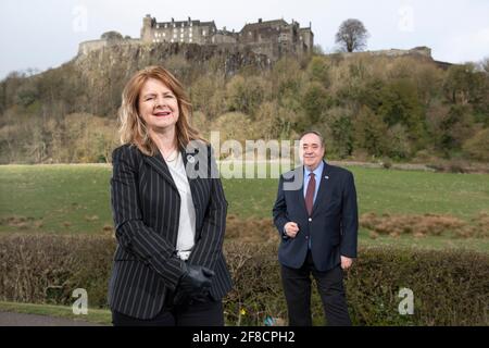 Stirling, Scotland, UK. 13th Apr, 2021. PICTURED: (L-R) Eva Comrie; Rt Hon Alex Salmond - Alba Part Leader. Alba Party Leader, Rt Hon Alex Salmond unveils his candidates for Mid Scotland and Fife region. Pic Credit: Colin Fisher/Alamy Live News Stock Photo