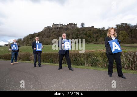 Stirling, Scotland, UK. 13th Apr, 2021. PICTURED: (L-R) Neale Hanvey MP; Jim Eadie; Rt Hon Alex Salmond; Eva Comrie. Alba Party Leader, Rt Hon Alex Salmond unveils his candidates for Mid Scotland and Fife region. Pic Credit: Colin Fisher/Alamy Live News Stock Photo