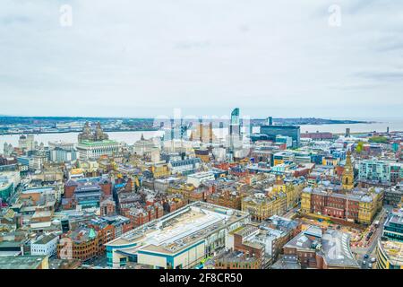 Aerial view of liverpool including three graces, England Stock Photo