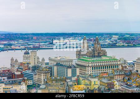 Aerial view of liverpool including three graces, England Stock Photo