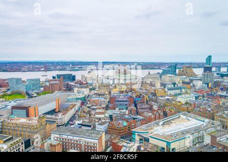 Aerial view of liverpool including three graces, England Stock Photo