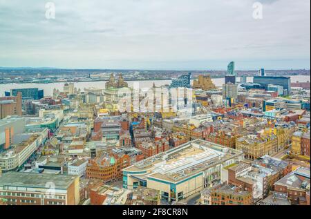 Aerial view of liverpool including three graces, England Stock Photo