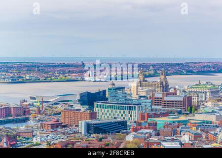 Aerial view of liverpool including three graces, England Stock Photo