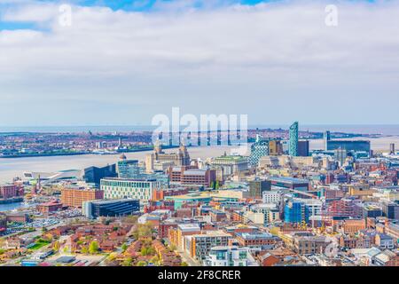 Aerial view of liverpool including three graces, England Stock Photo