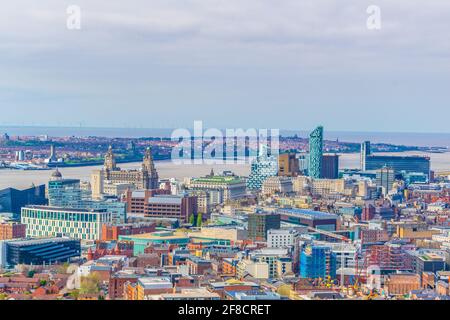 Aerial view of liverpool including three graces, England Stock Photo