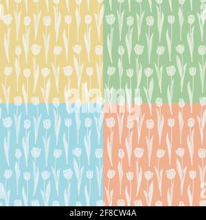 Set of seamless patterns with tulips. Vector backgrounds. Stock Vector
