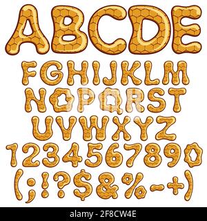 Latin alphabet and numbers made of honey. Isolated vector objects on white. Stock Vector