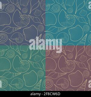 Set of vector seamless patterns with shells. Stock Vector