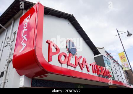 Closeup of signage outside The Polka Theatre, The Broadway, Wimbledon, London, SW19, U.K. Stock Photo